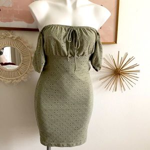 Green Embroidered Keyhole Cold Shoulder Mini Dress